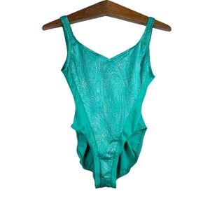 Vintage Avon Fashions Teal Metallic 80’s One Piece Swimsuit High Cut Size 5/6